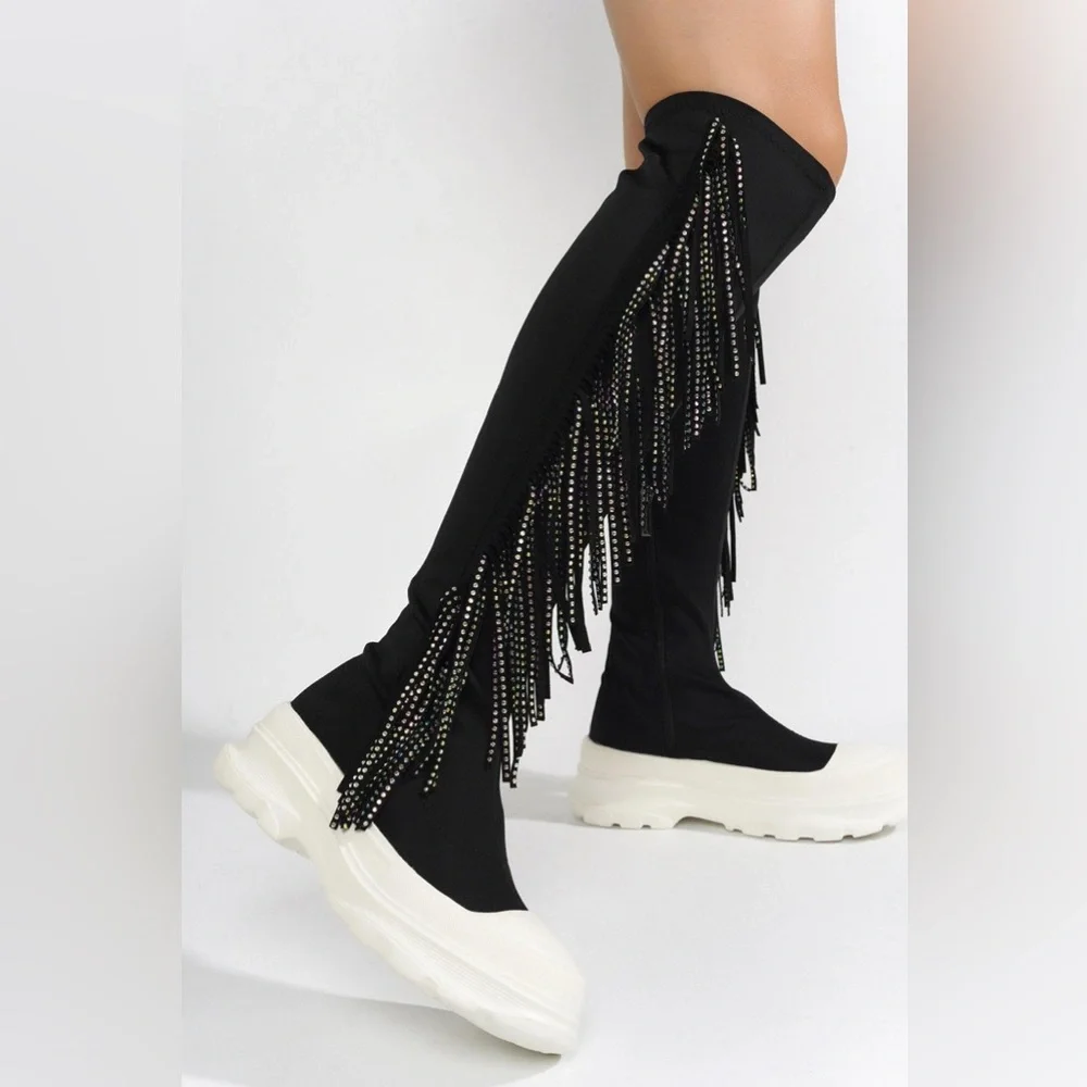 ARETHA - BLACK - BOOTS by CAPE ROBBIN Over-the-Knee Boots with Fringe Detailing